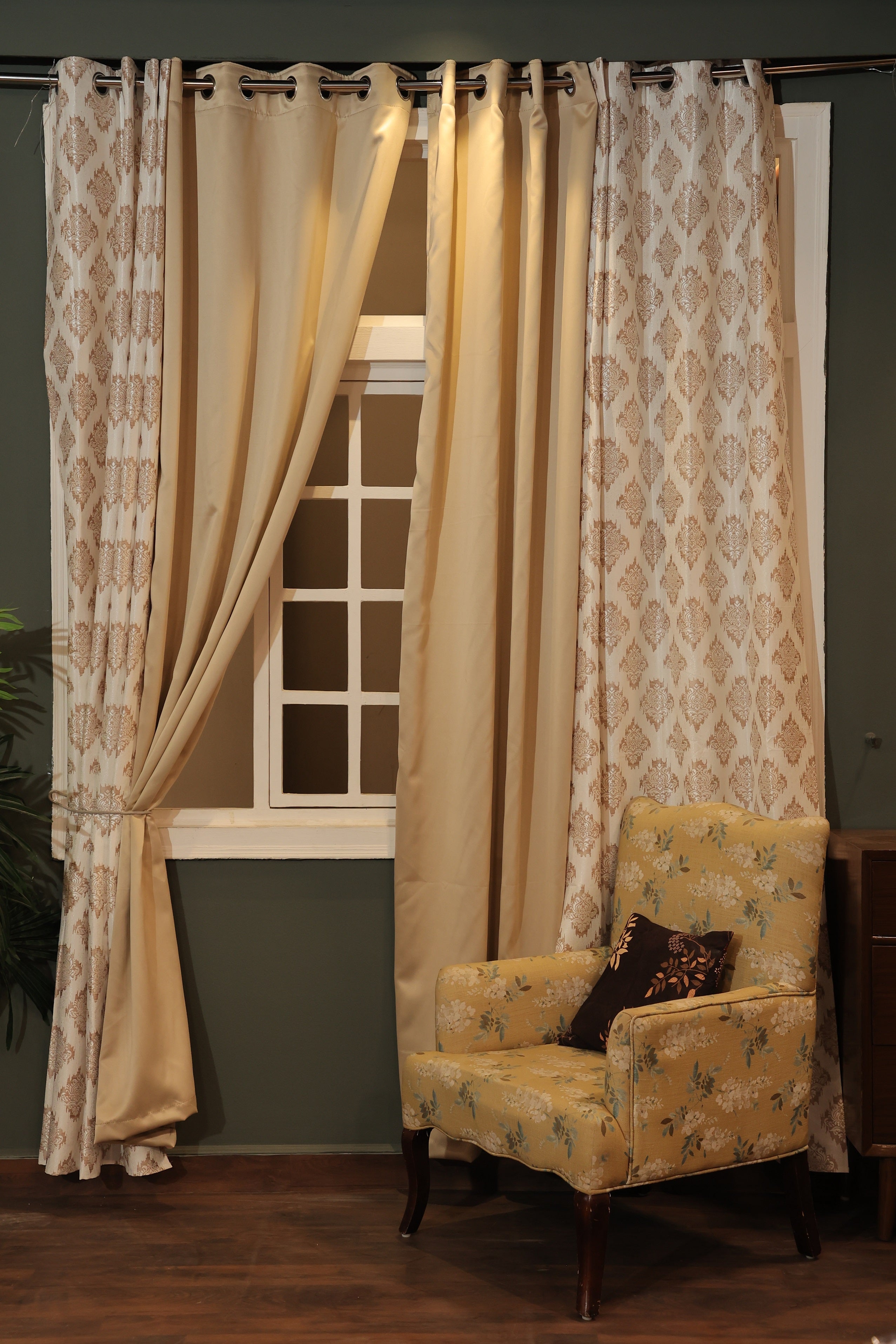 Lunar Days 100% Blackout Solid Door Curtains Set of 4 Piece Thermal Insulated Steel Eyelet Faux Silk Plain Room Darkening Curtain for Living Room, Bedroom, Office - Beige