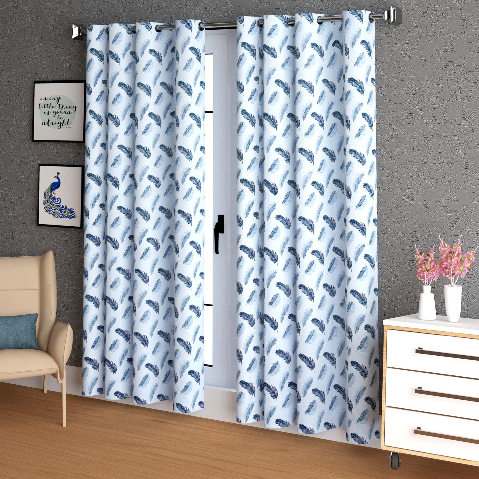 Lunar Days Polyester Room Darkening Window/Door Curtain for Living Room, Bedroom, Office (Feather in Blue)  - Set of 3