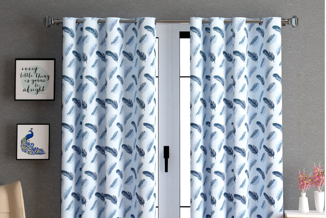 Lunar Days Polyester Room Darkening Window/Door Curtain for Living Room, Bedroom, Office (Feather in Blue)  - Set of 3