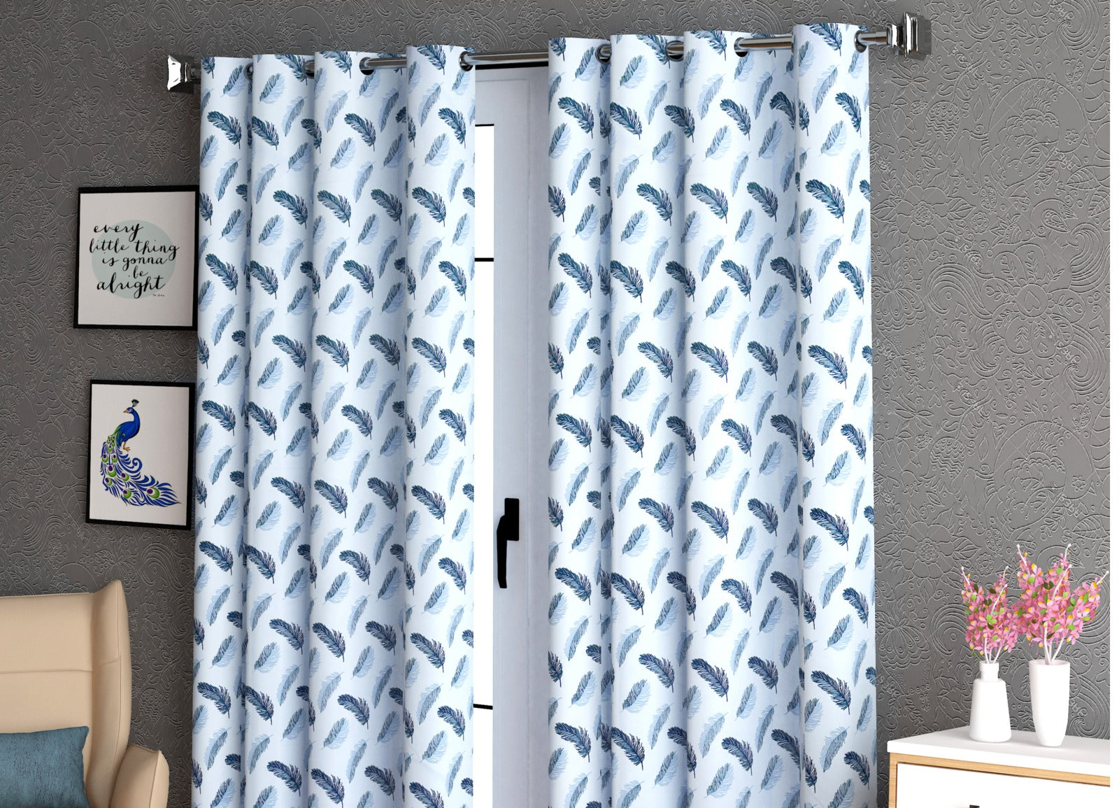Lunar Days Polyester Room Darkening Window/Door Curtain for Living Room, Bedroom, Office (Feather in Blue)  - Set of 3