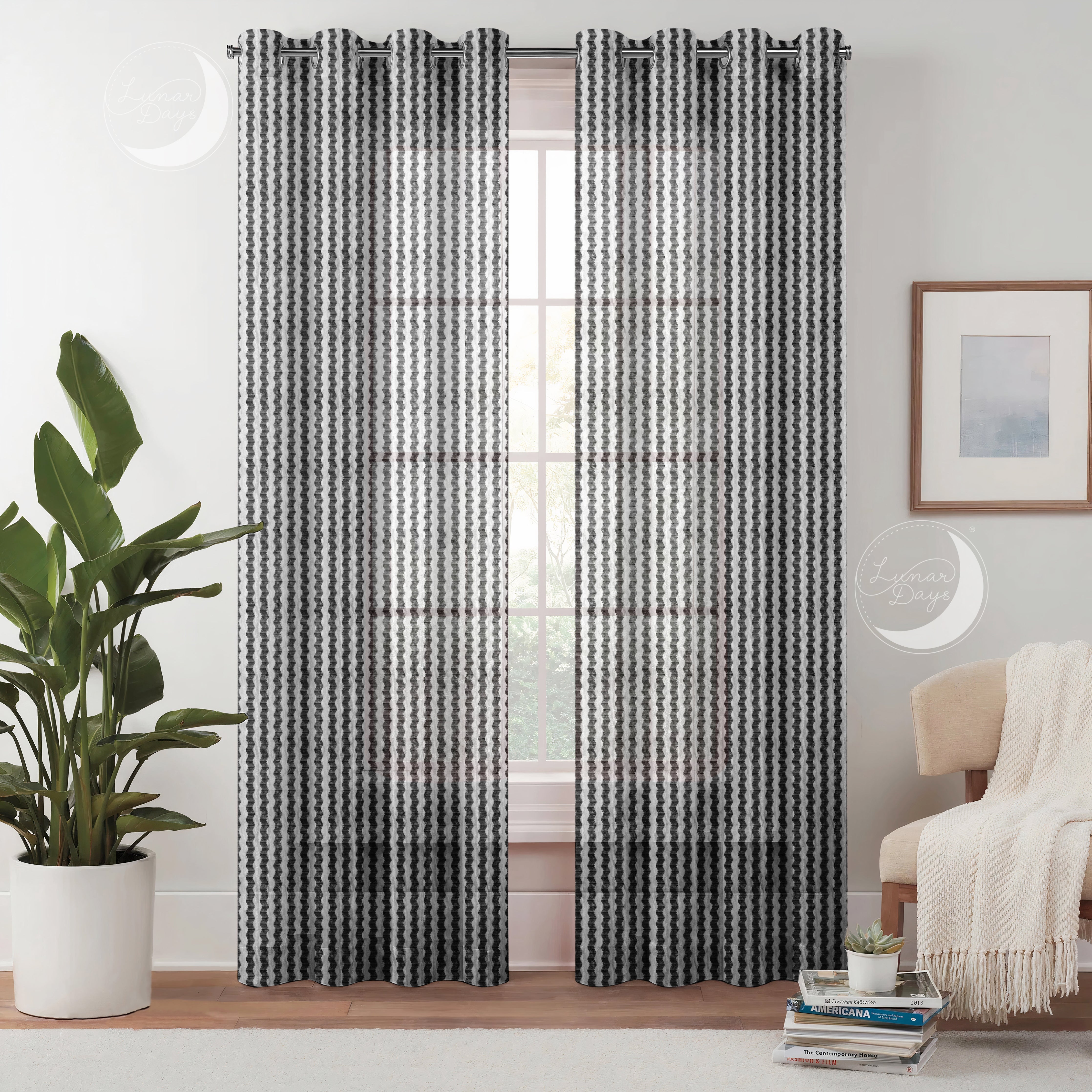Lunar Days Semi Transparent Net Sheer Polyester Stripes Curtains