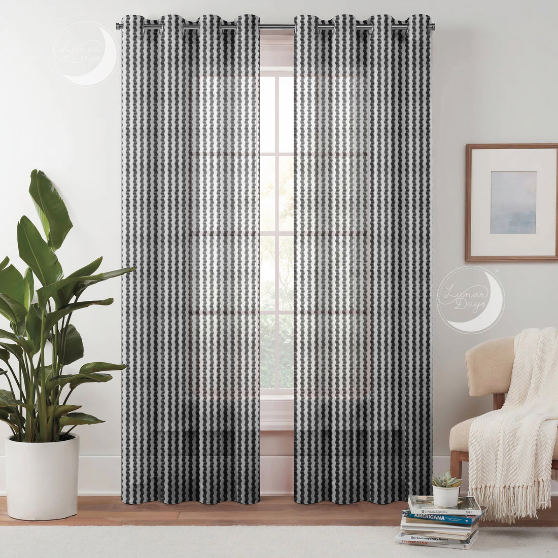 Lunar Days Semi Transparent Net Sheer Polyester Stripes Curtains